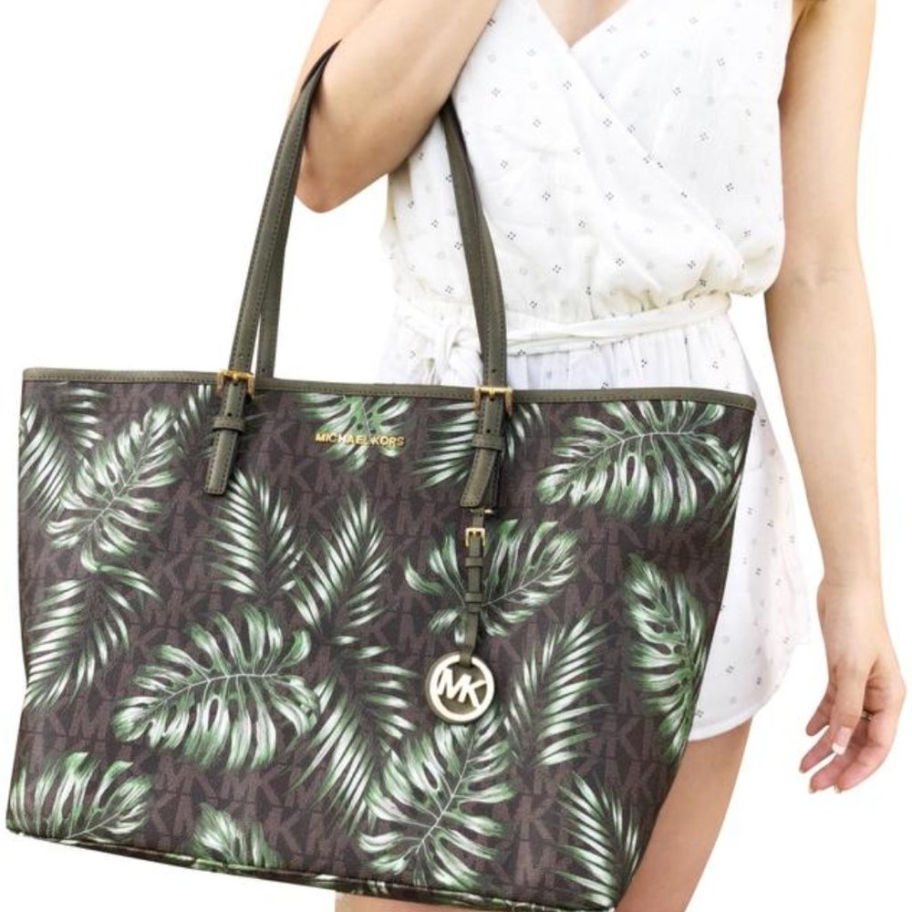 Michael Kors Carryall Jet Set Travel Large Mk Olive Palm Leaves Brown Tote